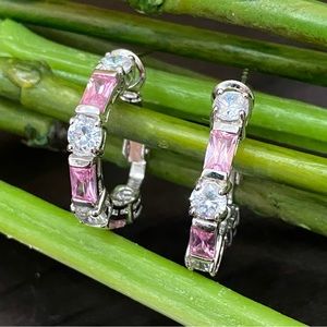 Pink & Clear CZ Stone Silver-tone Hoop Earrings